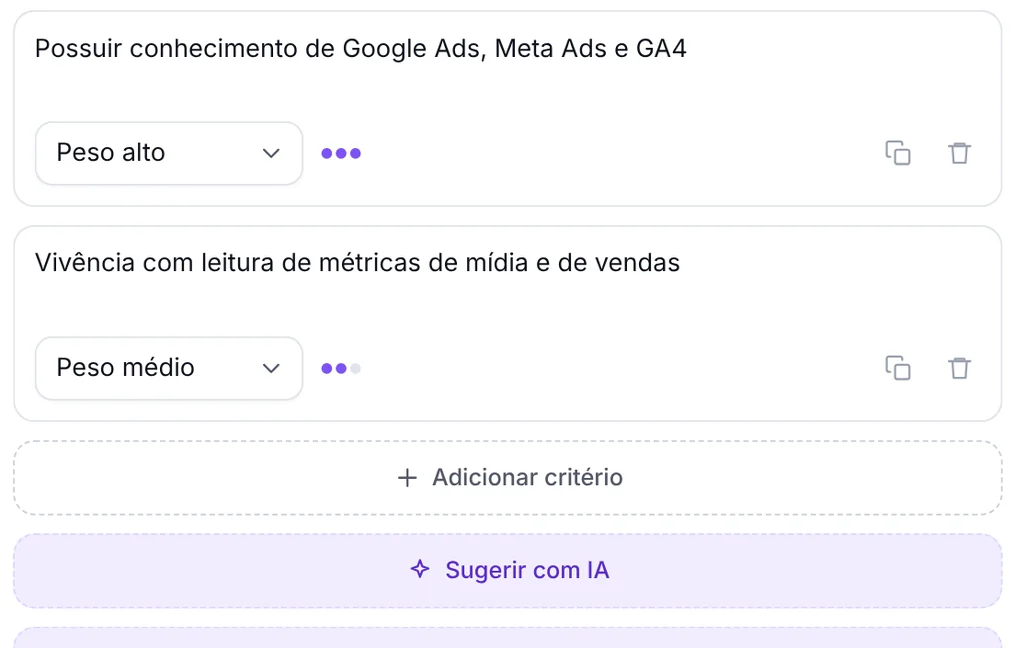 Tela da Tunni: critérios da vaga com peso alto e peso médio, e os botões Adicionar critério e Sugerir com IA
