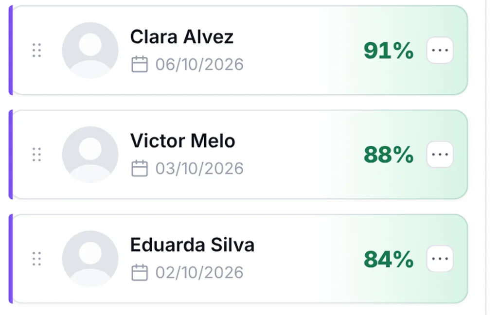 Tela da Tunni: coluna Novos candidatos com Clara Alvez 91%, Victor Melo 88% e Eduarda Silva 84%