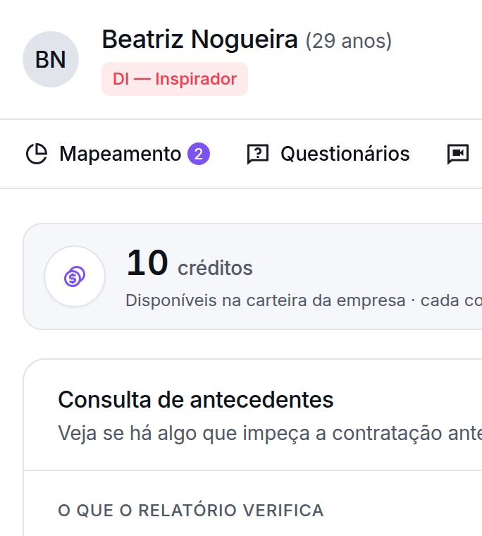 A ficha da candidata Beatriz Nogueira no ATS da Tunni: 10 créditos na carteira da empresa e a consulta de antecedentes