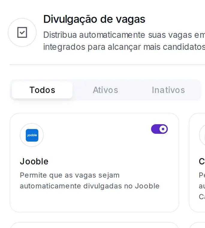 Integrações › Divulgação de vagas no ATS da Tunni: o portal Jooble com o interruptor ligado