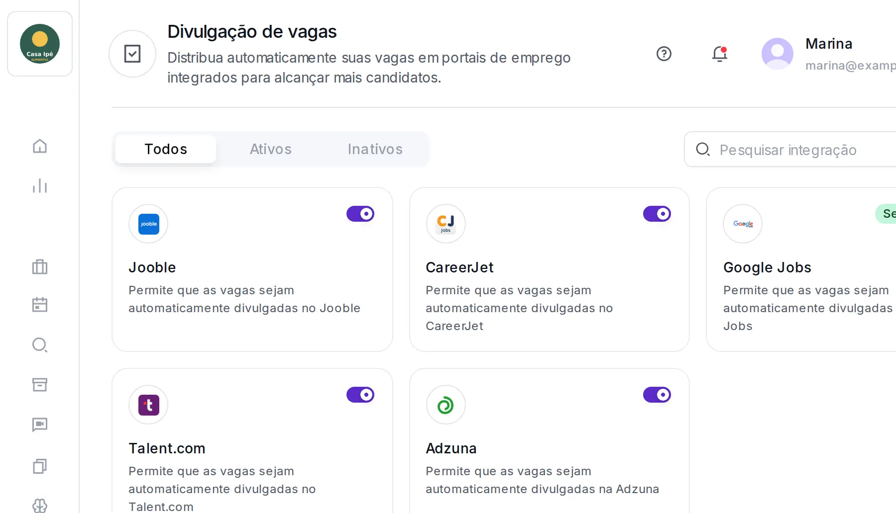 Integrações › Divulgação de vagas no ATS da Tunni: os portais Jooble, CareerJet, Talent.com e Adzuna, cada um com o interruptor ligado
