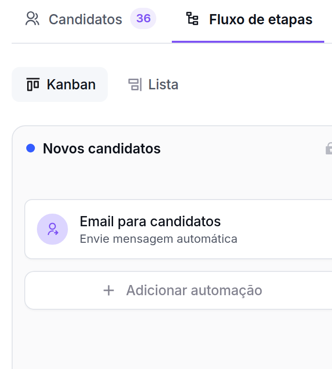 O fluxo de etapas de uma vaga no ATS da Tunni: a aba Fluxo de etapas, o Kanban e Novos candidatos com o e-mail para candidatos
