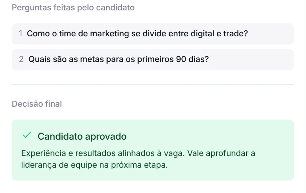 Tela da Tunni: resumo da entrevista com as perguntas do candidato e a decisão final, candidato aprovado
