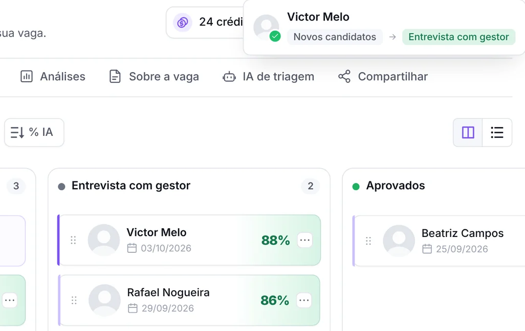 Tela da Tunni: Victor Melo passou de Novos candidatos para Entrevista com gestor, com nota de 88%